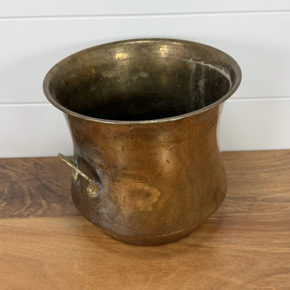 VTG Brass Planter Cachepot Pot With Handles Patina Cottagecore Boho Cauldron